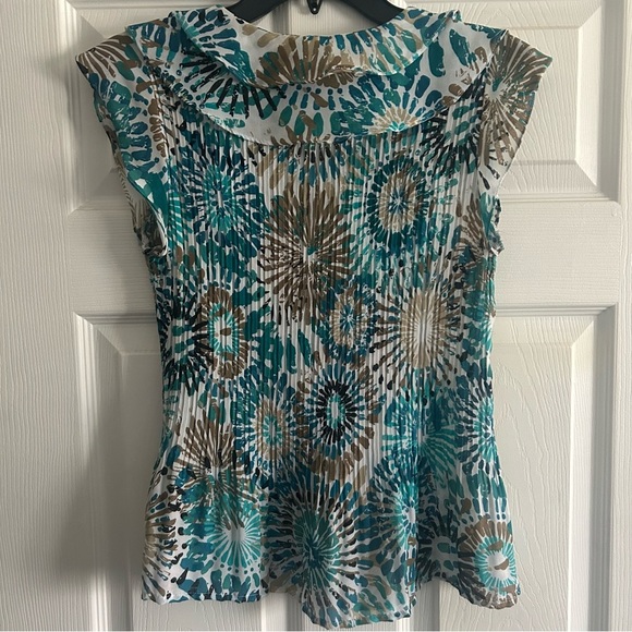 East 5th Teal & Brown Accordian Pleated Button Down Top w/ Capped Sleeves, Small - Picture 4 of 6